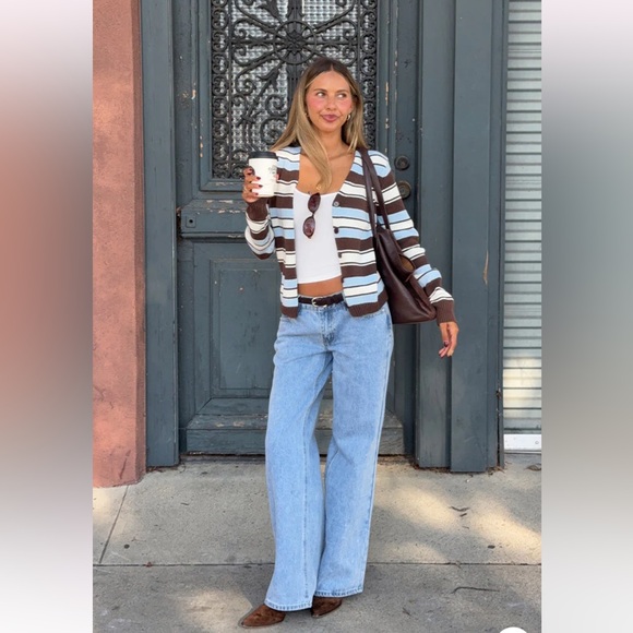 beginning boutique brown, blue, & white striped cardigan - Picture 3 of 10